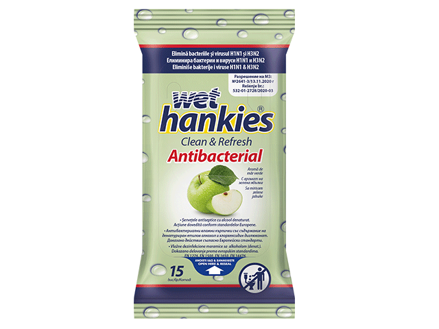 МОКРИ КЪРПИ ХАНКИЕС АНТИБАКТЕРИАЛНИ ЗЕЛЕНА ЯБЪЛКА 15БР