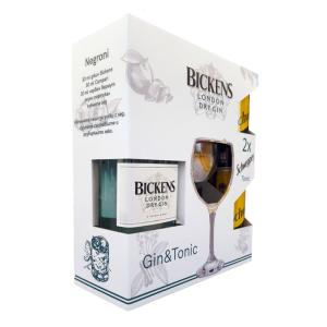 АНГЛИЙСКИ ДЖИН БИКЕНС/Bickens London Dry Gin 700ml. с копа чаша и 2 Швепс тоник кен 330ml.